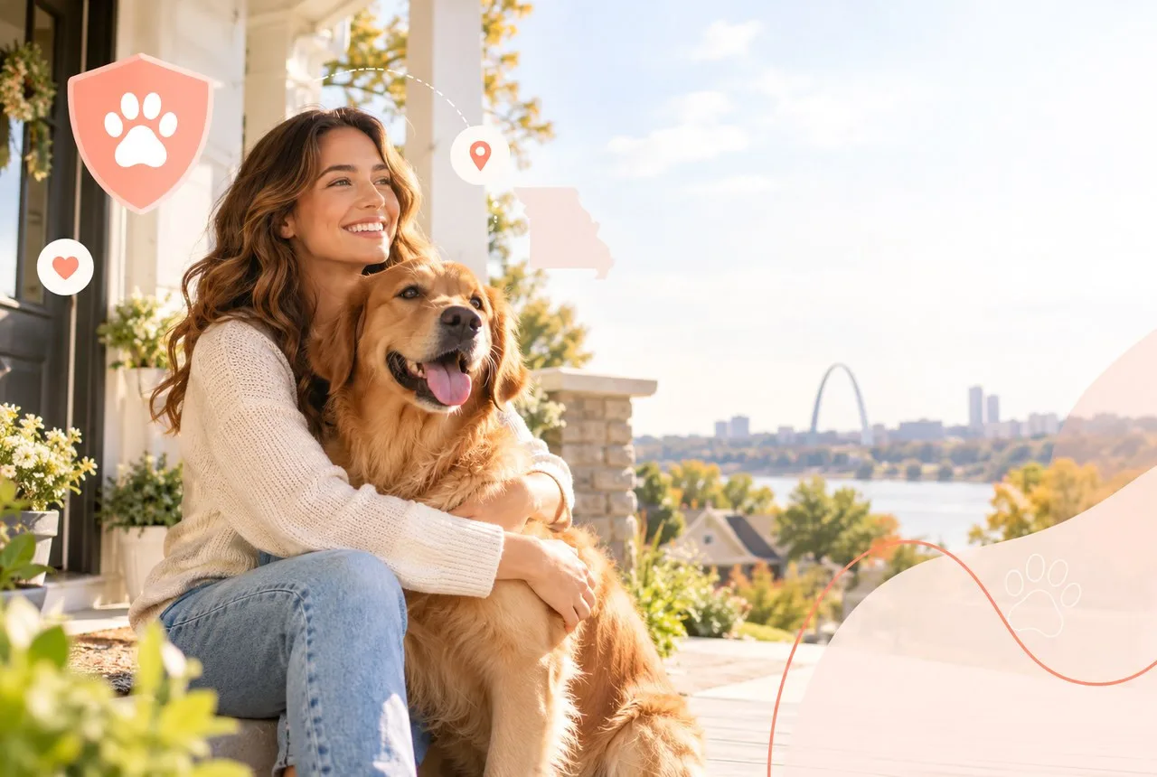 Owner sitting outdoors beside a dog with a city skyline in the distance